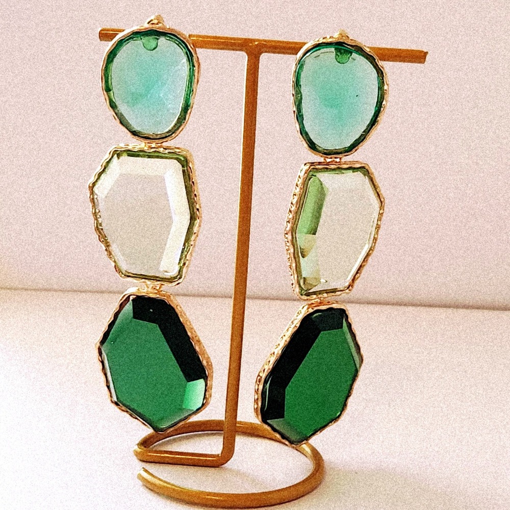 Green Geometric Triple Drop Earrings Gold Tone Textured Bezel Statement 3.75"